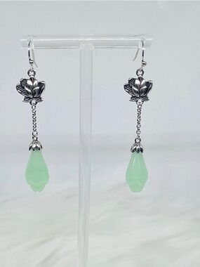 Silver Lotus Flower Drop Earrings with Mint Green Teardrop Dangle